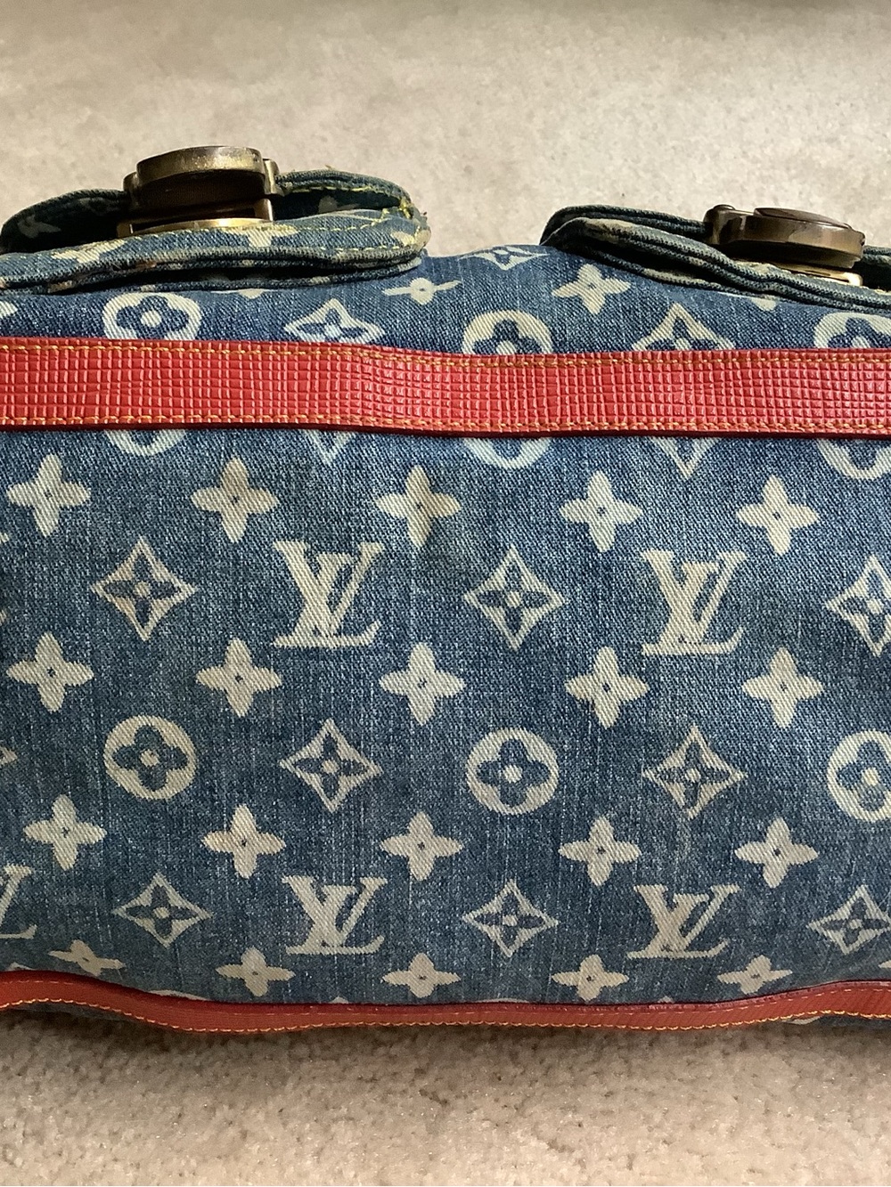 Denim and white, handbag. Red trim.  Signs of use. - Picture 2 of 16